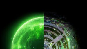 A composite image split vertically: the left side shows a glowing, green, digital sphere with swirling patterns; the right side displays an aerial view of a city roundabout at night with blurred lights and traffic.