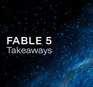 Fable 5 Takeaways — text on a dark blue particle network background.