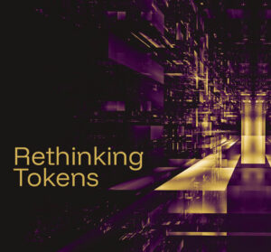 Blog header image reading "Rethinking Tokens" in gold text against a dark background, with an abstract purple and gold digital cityscape receding into the distance.