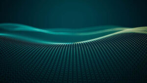 A dark teal abstract background featuring a flowing wave made of tiny luminous data points and particles.
