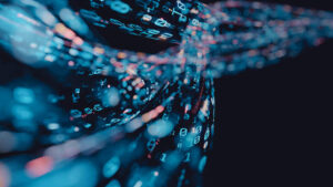 Abstract digital streams of glowing blue and white binary code and data symbols cascading through a dark background, representing an organizational context layer.